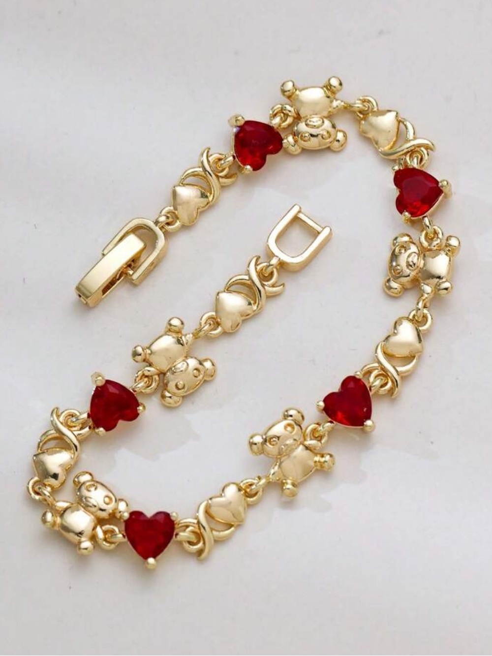 Real Gold-Plated Teddy & Red Heart Bracelet - Women Jewelry